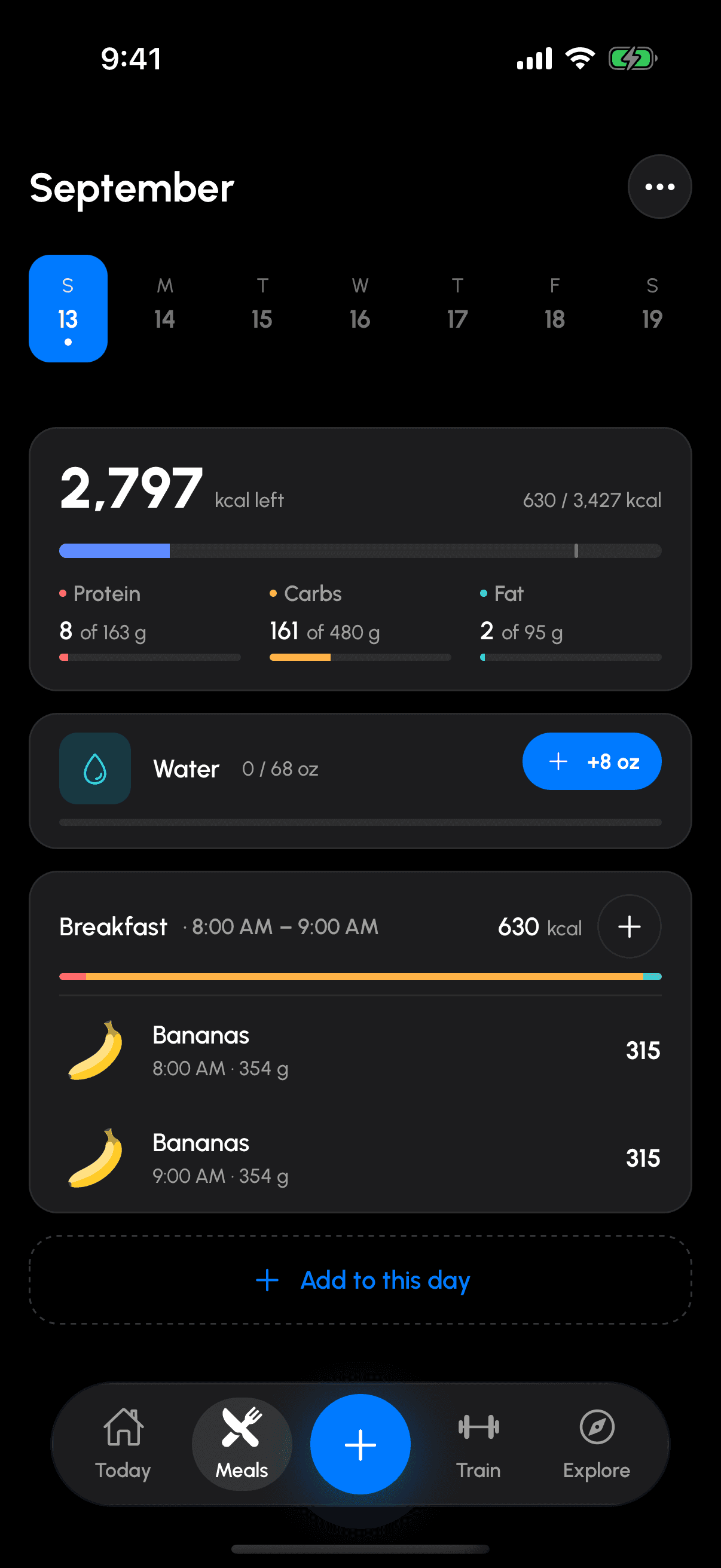 AtomFitness Meals day view: calories left at the top with macro bars, a water card, and a breakfast card holding two logged foods, each with a picture, a time and its calories.