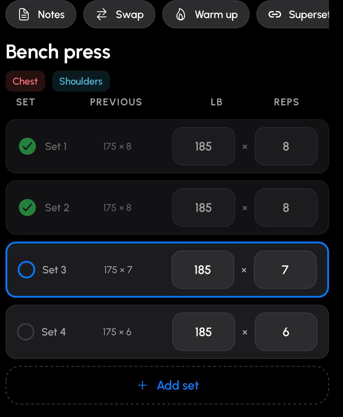 A live workout on Bench press: a set table with sets one and two done at 185 lb for 8 reps, set three highlighted in progress, and a fourth queued, above Notes, Swap, Warm up and Superset actions.